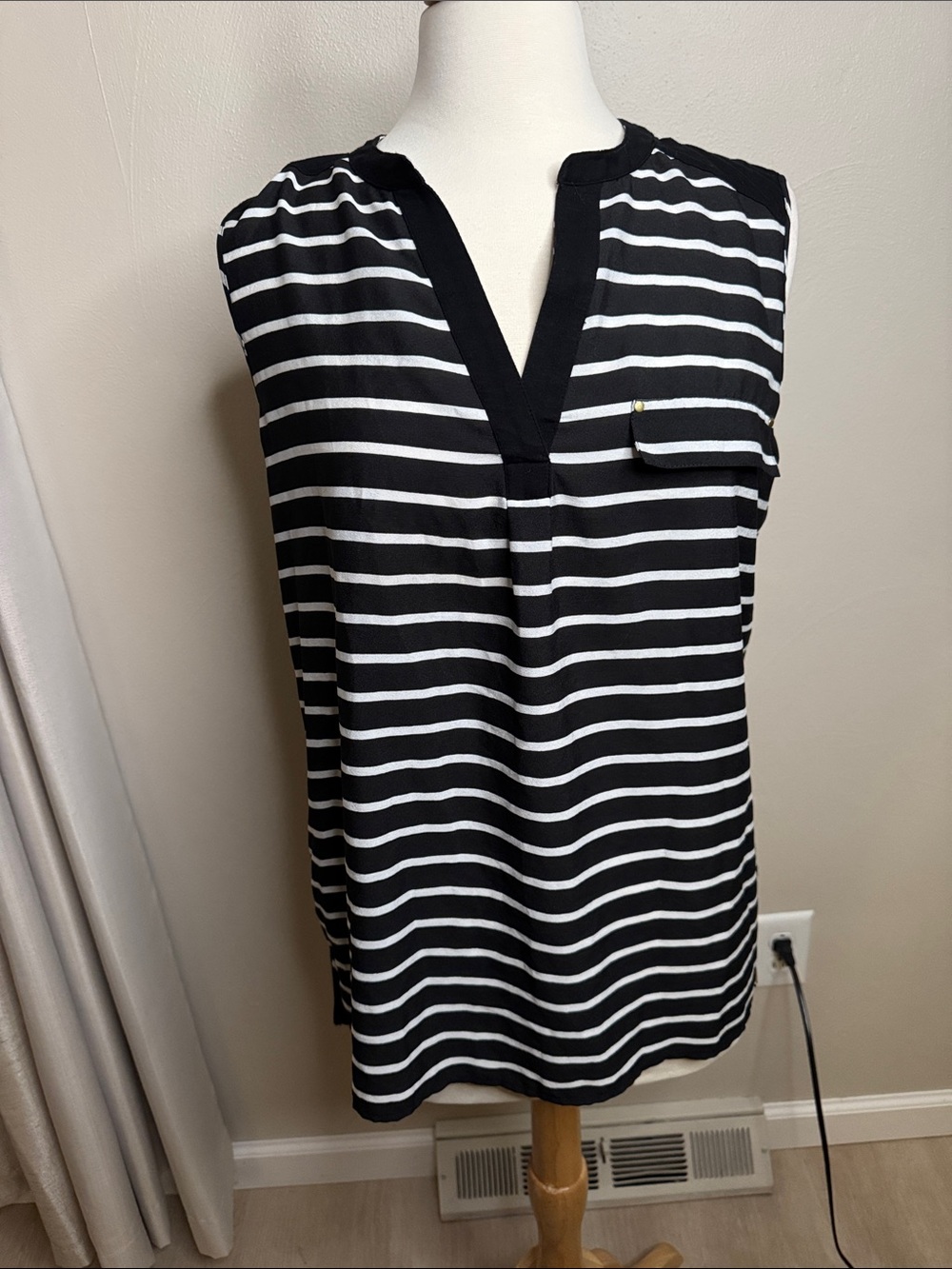 Calvin Klein Black & White Striped Sleeveless V-Neck Tank